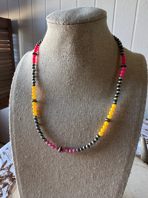 Handmade Navajo Pearl Style Sterling Silver & Orange & Pink Fire Opal Beaded Necklace