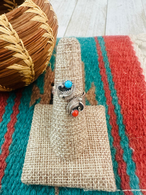 Old Pawn Navajo Sterling Silver, Turquoise & Coral Adjustable Ring
