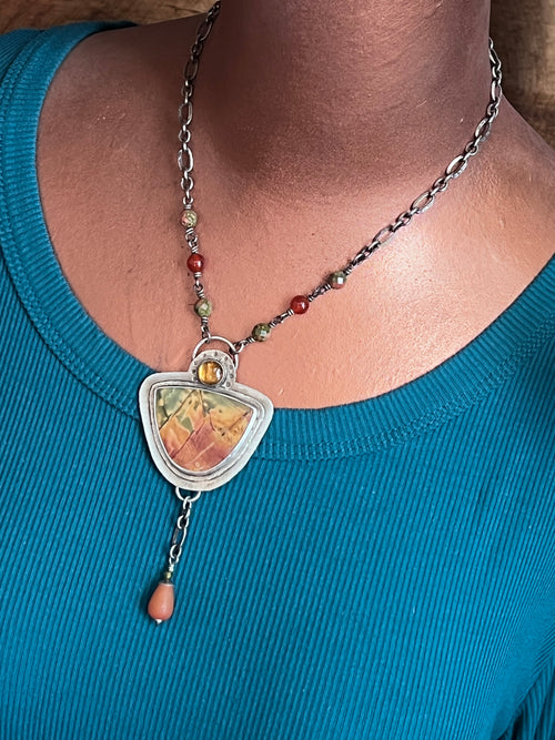 Tularosa Rosary Style Sterling Silver, Red Creek Jasper and Citrine Sunset Necklace