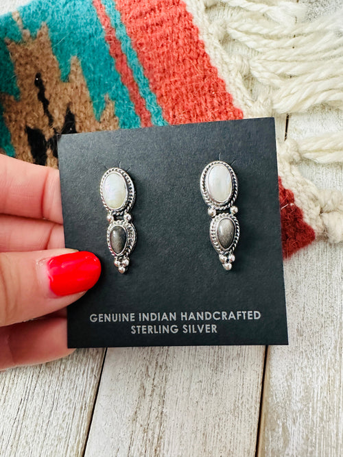 Navajo Sterling Silver, Pearl & Hematite Post Earrings