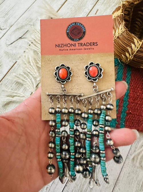 Navajo Turquoise, Coral  & Sterling Silver Pearl Beaded Tassel Dangle Earrings