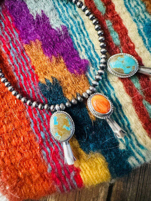 Handcrafted 3mm Sterling Silver Pearl, Turquoise & Spiny Oyster Blossom Stretch Bracelet
