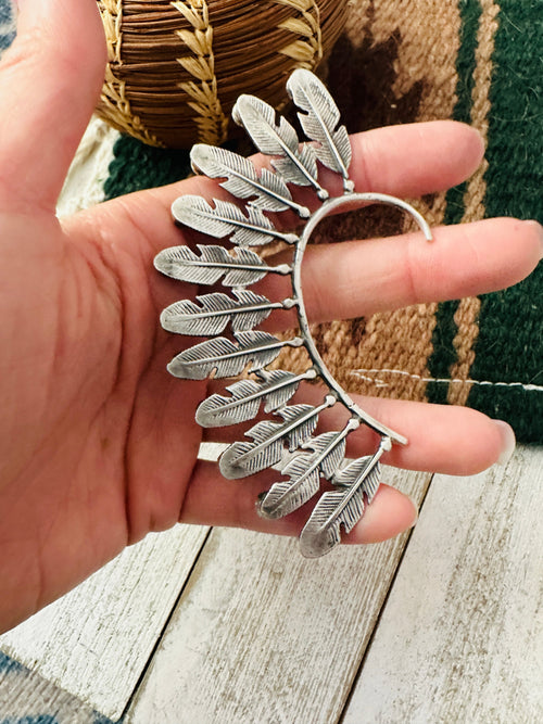 Navajo Orange Spiny & Sterling Silver Feather Cuff Earring (Left Side)