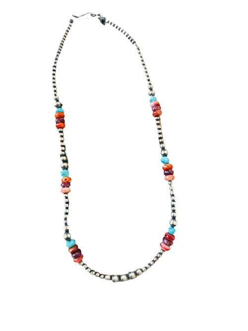 Navajo Sterling Silver, Spiny & Turquoise Beaded 16” Necklace