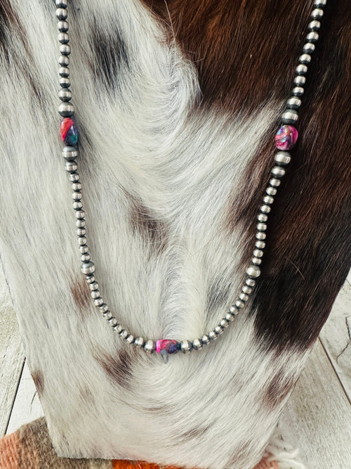Navajo Sterling Silver & Pink Dream Mojave Beaded 24” Necklace