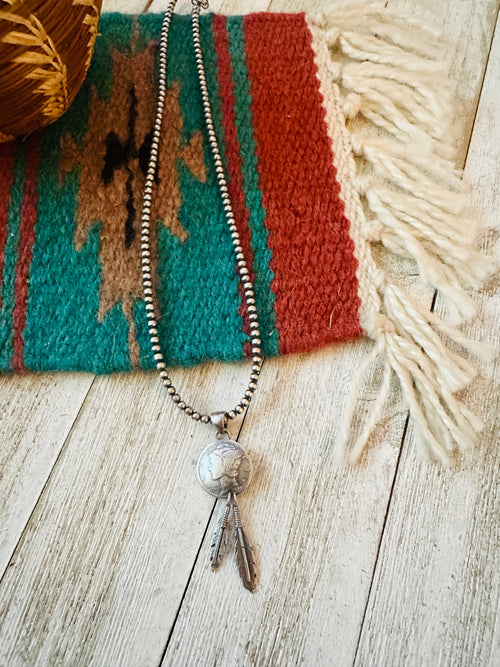 Navajo Sterling Silver Pearl Liberty Dime Feather Beaded Necklace