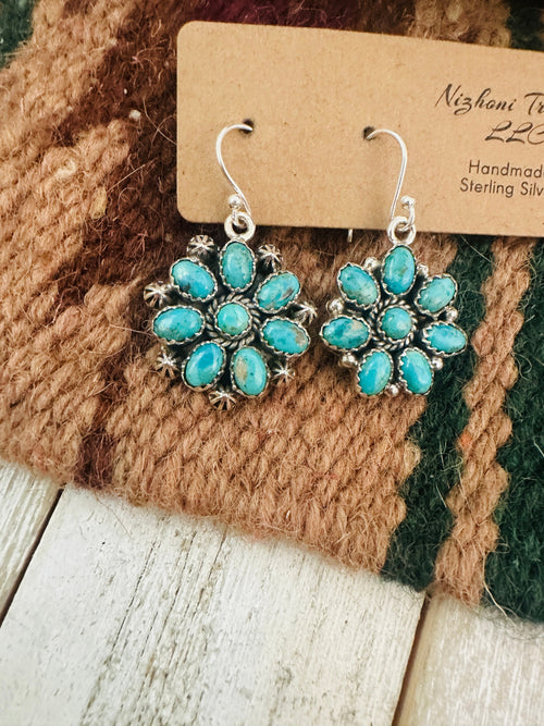 Handmade Turquoise & Sterling Silver Cluster Dangle Earrings