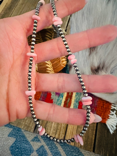 Handcrafted Queen Pink Conch & Sterling Silver 18” Beaded Necklace