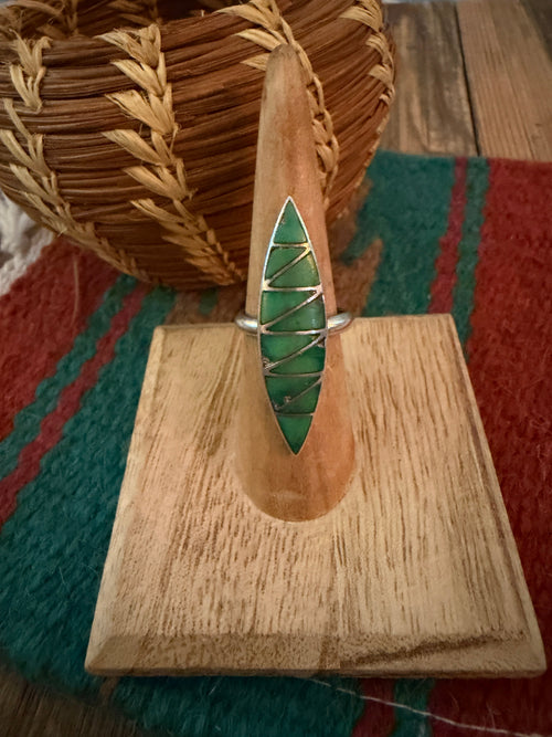 Old Pawn Handcrafted Turquoise & Sterling Silver Inlay Ring Size 5.75