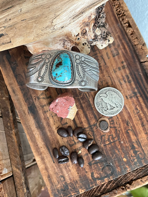 Hand Forged Old Pawn Sterling Silver Ingot Cuff Bracelet w/ Turquoise by Santa Fe Artist, Buffalo: The Spurs
