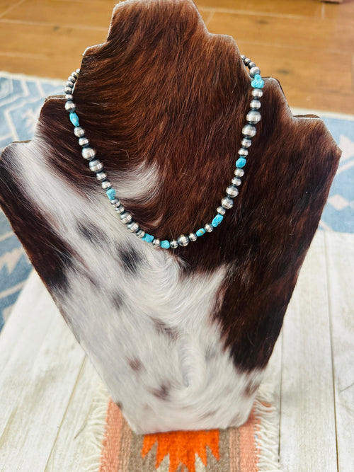 Navajo Turquoise & Sterling Silver Pearl 14” Beaded Necklace