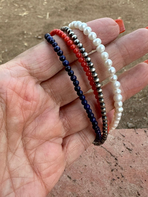 Handmade Sterling Silver, Pearl, Lapis and Coral Beaded Bracelet