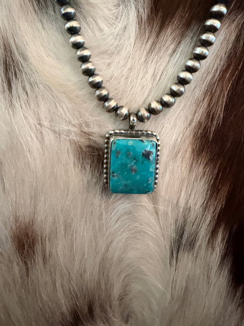 Handcrafted Turquoise & 5mm Sterling Silver Pearl 18” Beaded Necklace