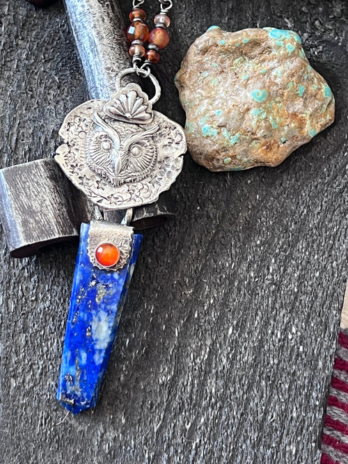 Tularosa Rosary Style Sterling Silver, Lapis Lazuli and Carnelian Ancient Owl Talisman Necklace