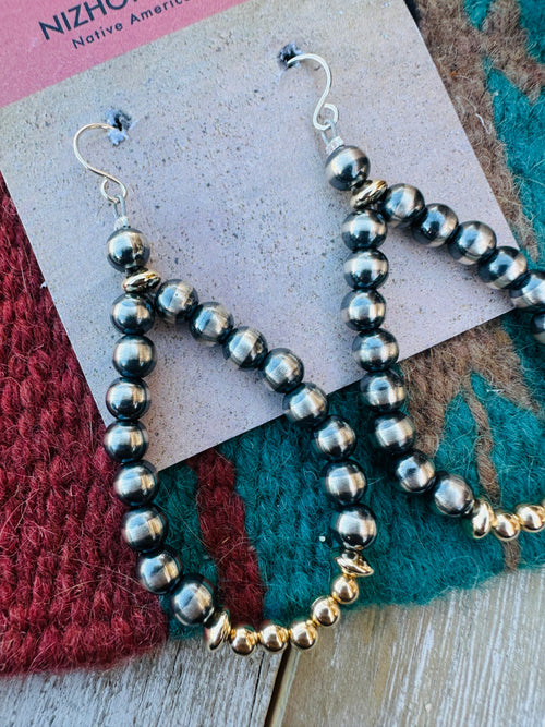 Sterling Silver & Gold Plated Navajo Pearl Style Beaded Dangle Hoop Earrings