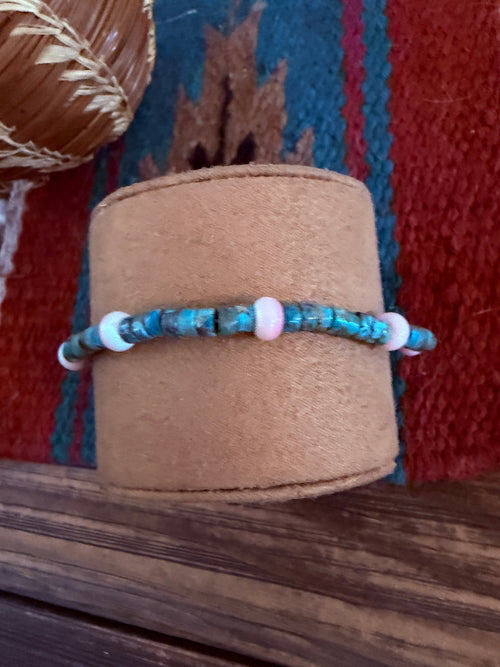 Handcrafted Turquoise & Queen Pink Conch Beaded Stretch Bracelet