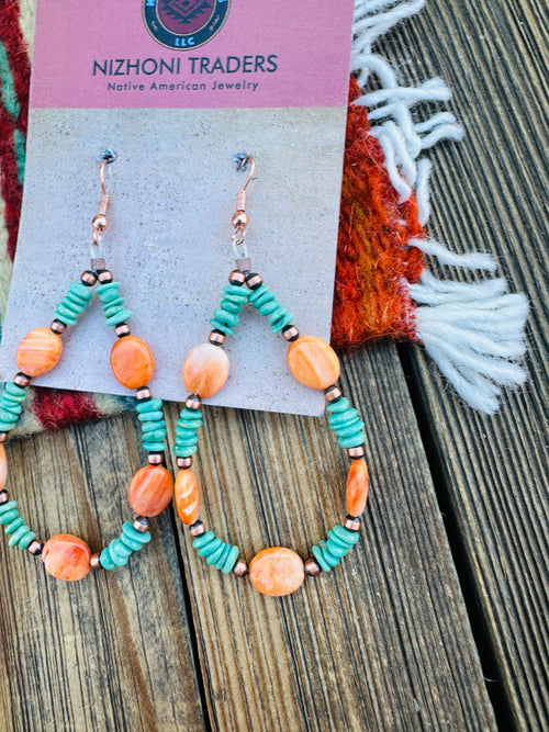 Handcrafted Spiny Oyster, Turquoise & Copper Beaded Dangle Hoop Earrings