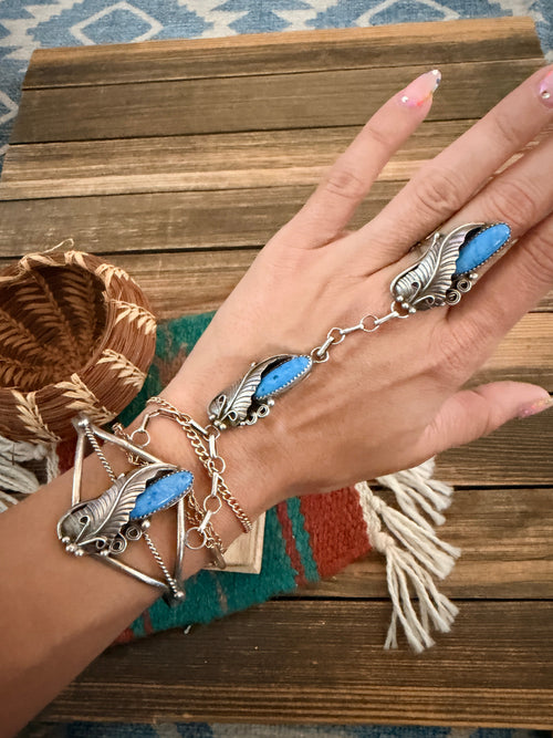 Handcrafted Old Pawn Lapis & Sterling Silver Cuff Bracelet with Hand Chain