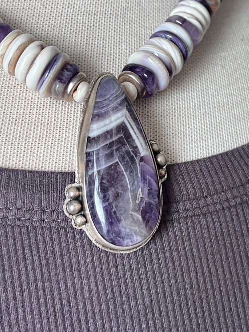 Tularosa Handcrafted Quahog Shell, Amethyst and Sterling Silver Beaded Necklace