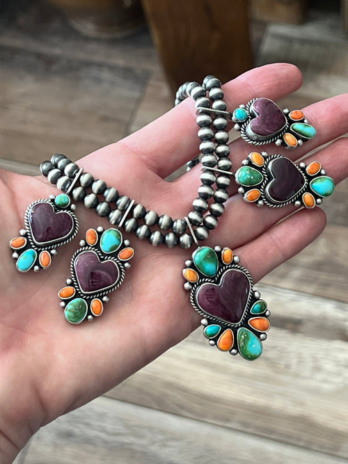 Navajo Made Sterling Silver Electric Rainbow Beaded Heart Cluster Necklace & Earrings Set by Angela Martin