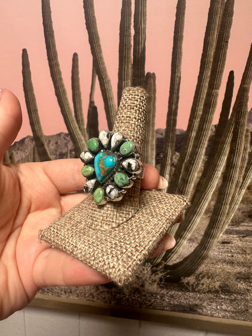 Beautiful Handmade Palomino Turquoise, White Buffalo, Sonoran Mountain And Sterling Silver Adjustable HEART Ring