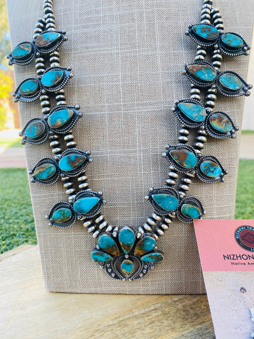 Handcrafted Sterling Silver & Royston Turquoise Beaded Squash Style Necklace Set by Jaqueline Silver