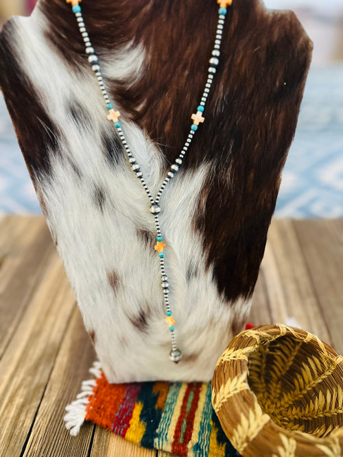 Handcrafted Turquoise, Spiny Oyster & Sterling Silver Pearl 20” Beaded Lariat Necklace
