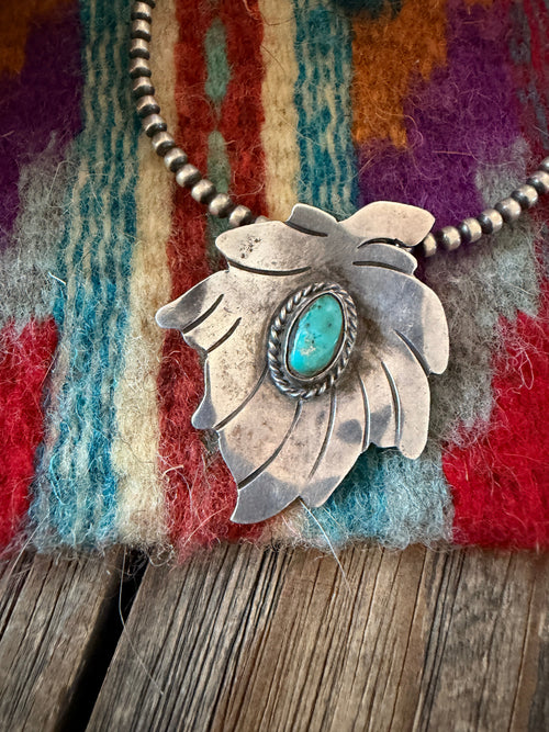 Old Pawn Handcrafted Turquoise and Sterling Silver Leaf Pendant