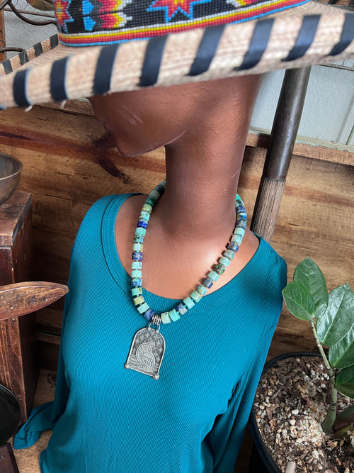 Tularosa Sterling Silver & Chrysocolla Beaded Quail Retablo Necklace