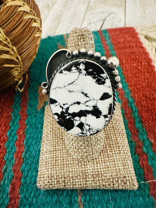 Old Pawn Navajo Sterling Silver & White Buffalo Ring Size 7.75