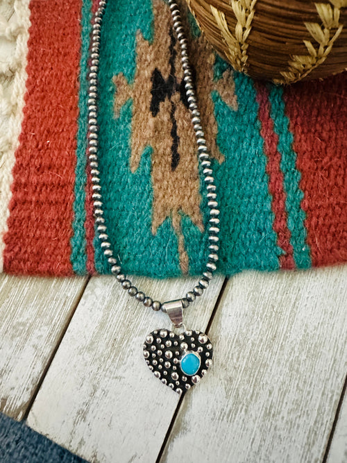 Navajo Turquoise & Sterling Silver Pearl Beaded Heart Necklace