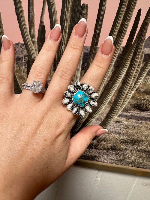 Beautiful Handmade Turquoise, White Buffalo And Sterling Silver Adjustable Cluster Ring