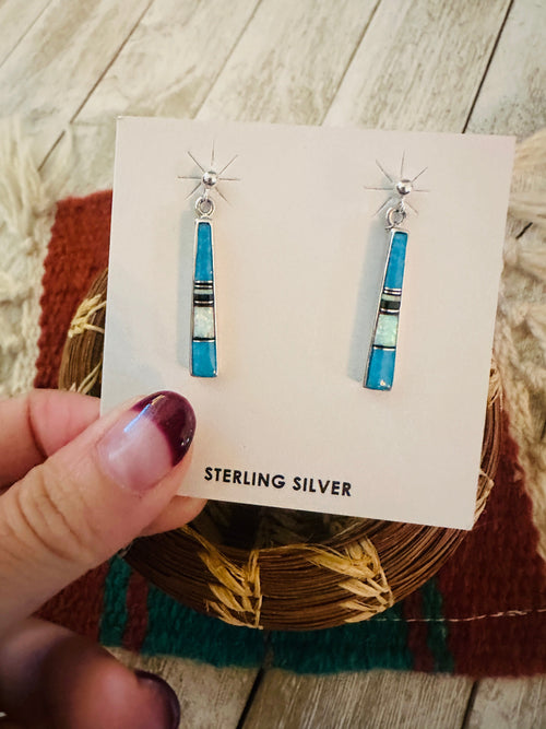 Navajo Sterling Silver & Multi Stone Inlay Dangle Earrings