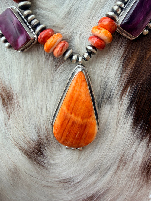 Handcrafted Spiny Oyster & Sterling Silver Beaded Necklace and Earring Set by Aaron Robeson