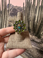 Handmade Sterling Silver, Number 8 Turquoise & Peridot Cluster Adjustable Ring