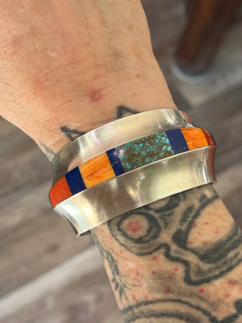 Old Pawn Sterling Silver, Number 8 Turquoise, Lapis, Spiny Oyster and Coral Inlay Cuff Bracelet by Duane Maktima