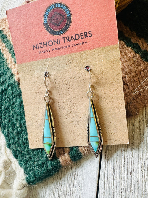 Navajo Sonoran Mountain Turquoise And Sterling Silver Inlay Dangle Earrings