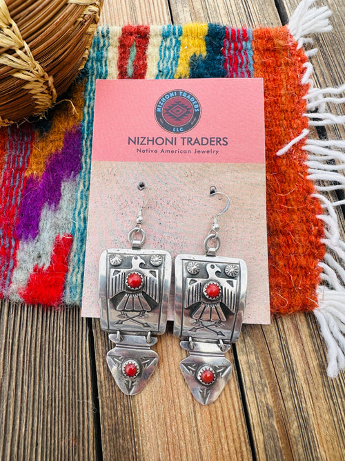 Old Pawn Vintage Handcrafted Coral & Sterling Silver Thunderbird Dangle Earrings