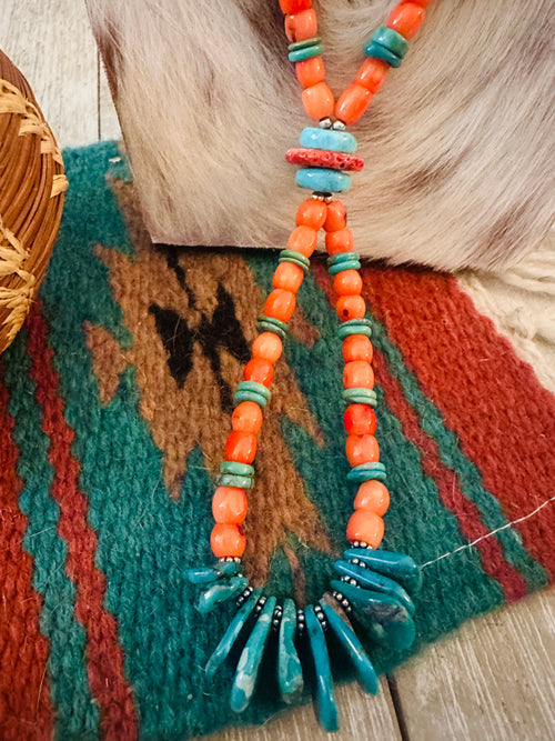 Handcrafted Spiny Oyster,  Turquoise & Sterling Silver Beaded Jacla Necklace
