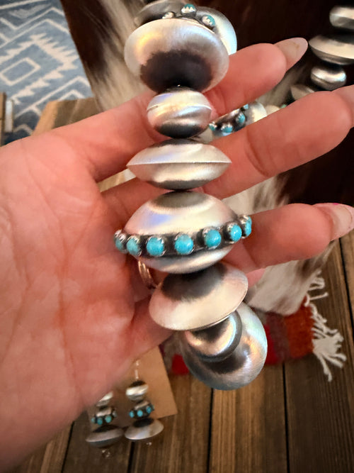 Handcrafted Turquoise & Sterling Silver Beaded Necklace and Earring Set