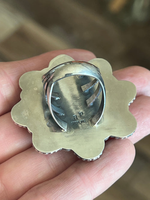 Apache Sterling Silver, Indian Head Penny and Spiny Oyster Shell Cluster Ring by Rosella Paxson, Size 9