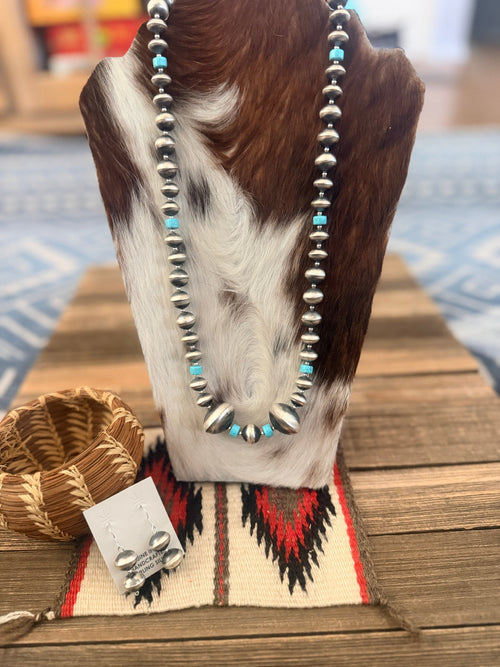 Handcrafted Turquoise & Sterling Silver Beaded Necklace and Earring Set
