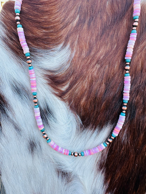 Handcrafted Queen Pink Conch, Turquoise & Copper 18” Beaded Necklace