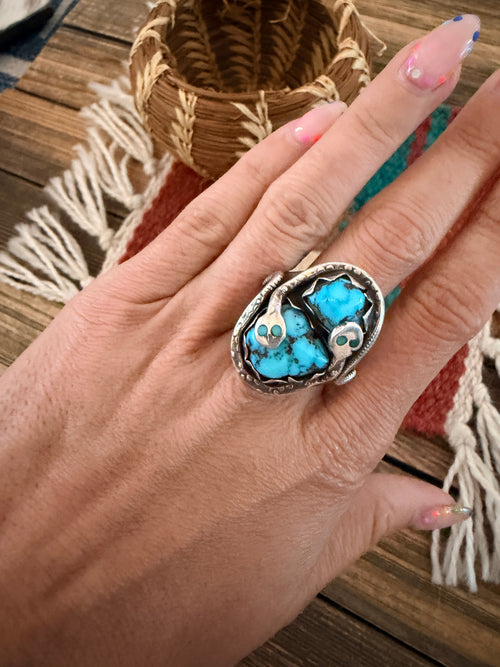 Old Pawn Handcrafted Turquoise & Sterling Silver Snake Ring Size 11.5 by Effie Calavaza