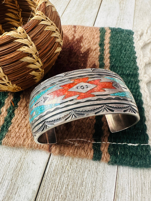 Old Pawn Navajo Coral, Turquoise & Sterling Silver Chip Inlay Cuff Bracelet
