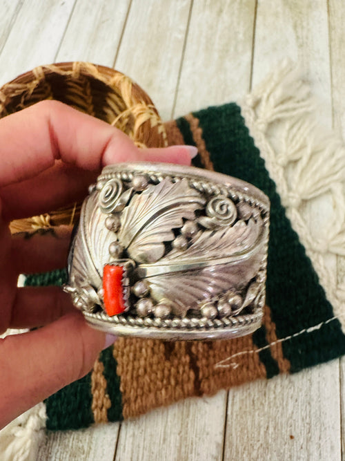 Old Pawn Navajo Turquoise, Coral & Sterling Silver Cuff Bracelet