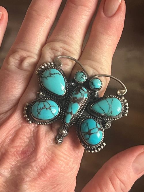 Apache Sterling Silver and Egyptian Turquoise Butterfly Ring by Rosella Paxson, Size 9