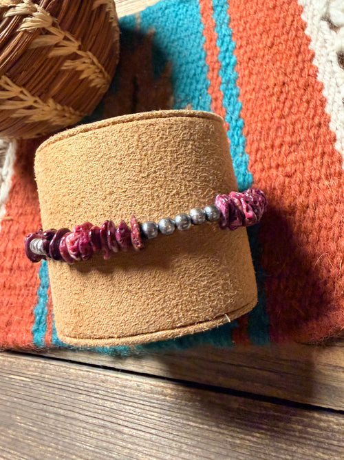 Handcrafted Purple Spiny Oyster & Sterling Silver Beaded Stretch Bracelet