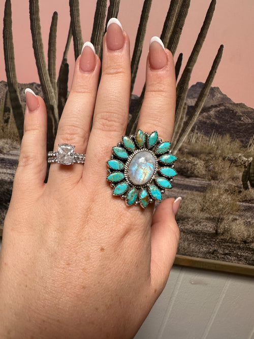 Handmade Turquoise, Moonstone & Sterling Silver Adjustable Ring