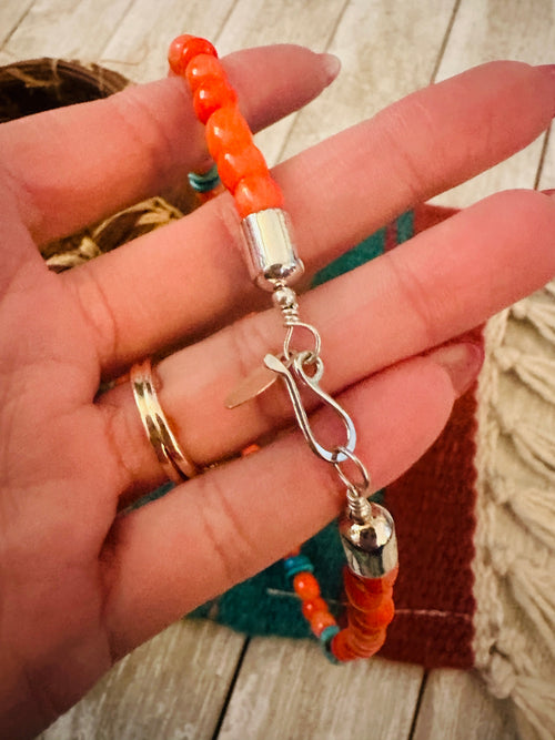 Handcrafted Spiny Oyster,  Turquoise & Sterling Silver Beaded Jacla Necklace